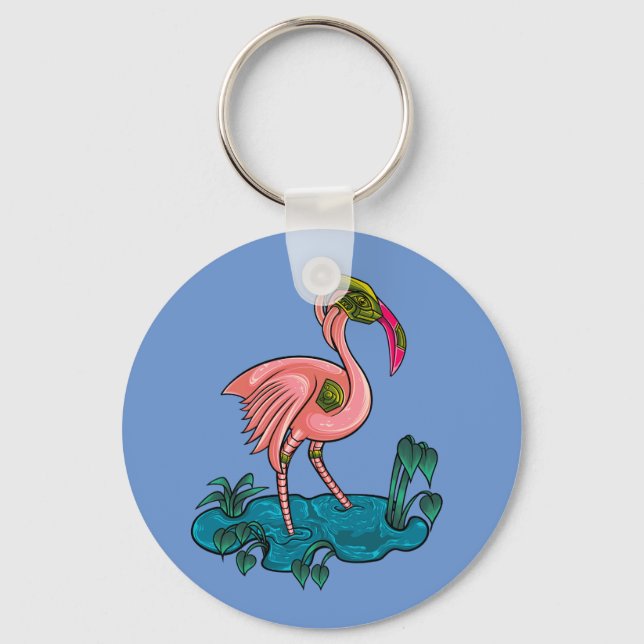 Mechanical Bird, Pink Flamingo Mecha Robot Keychain (Front)