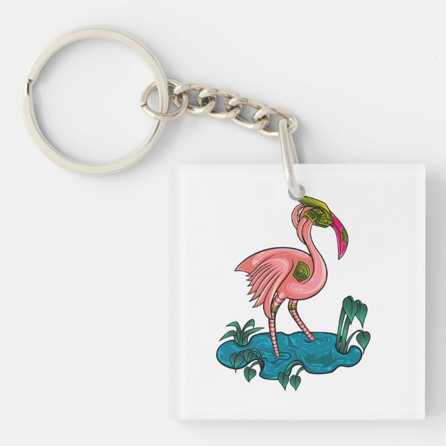 Mechanical Bird, Pink Flamingo Mecha Robot Keychain (Front)