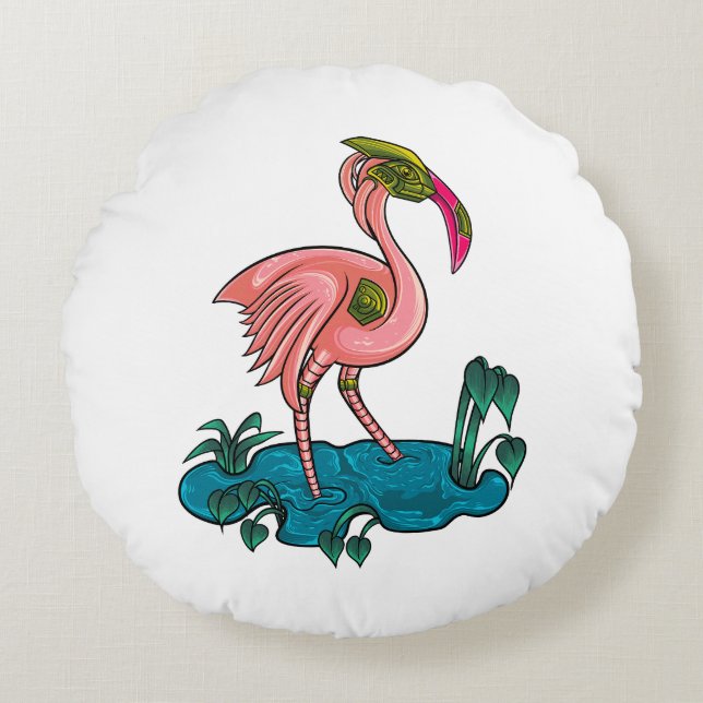 Mechanical Bird, Pink Flamingo Mecha Robot Round Pillow (Front)