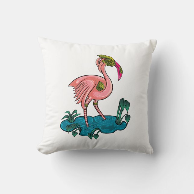 Mechanical Bird, Pink Flamingo Mecha Robot Throw Pillow (Front)