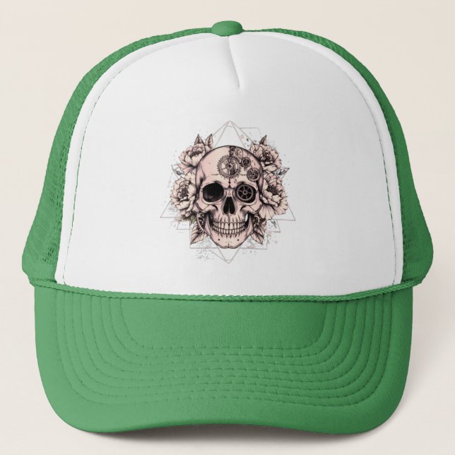 "Mechanical Bloom" – Gothic Skull with Floral Gear Trucker Hat (Front)
