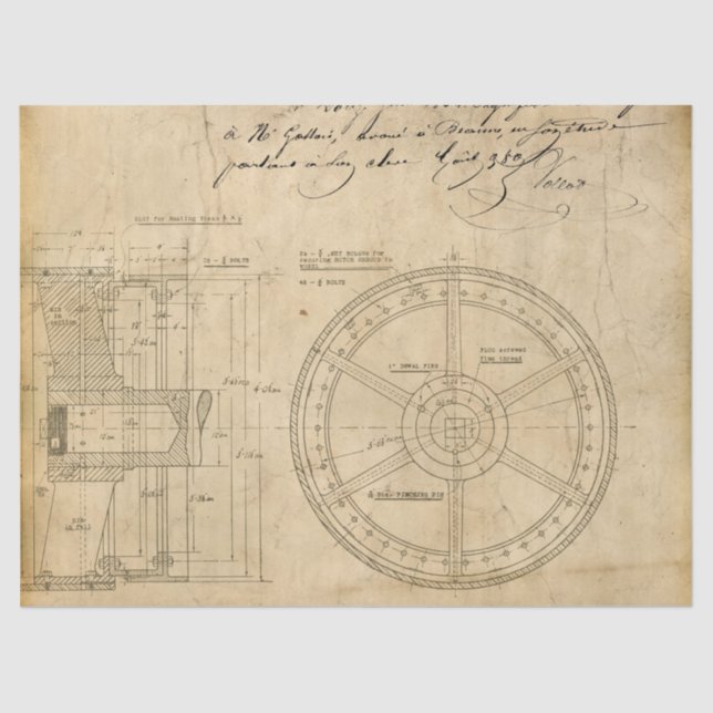 Mechanical Circular Schematics on Tan Decoupage Tissue Paper (Front)