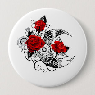 Mechanical Crescent with Red Roses 4 Inch Round Button