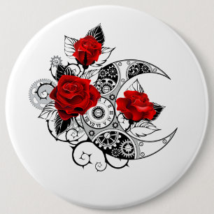 Mechanical Crescent with Red Roses 6 Inch Round Button