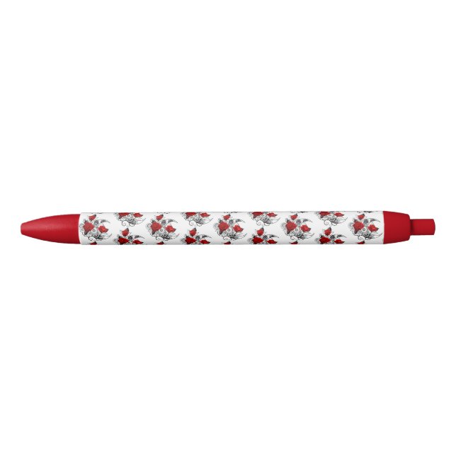 Mechanical Crescent with Red Roses Black Ink Pen (Front)