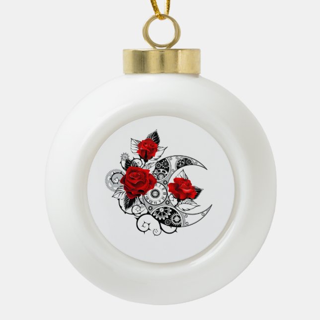 Mechanical Crescent with Red Roses Ceramic Ball Christmas Ornament (Front)