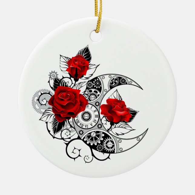 Mechanical Crescent with Red Roses Ceramic Ornament (Front)