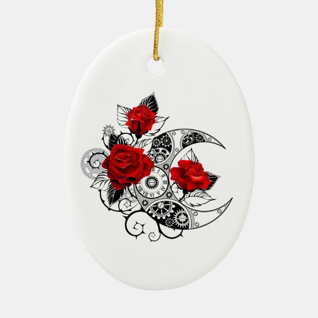 Mechanical Crescent with Red Roses Ceramic Ornament (Front)