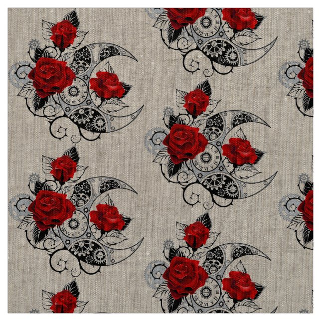 Mechanical Crescent with Red Roses Fabric (Swatch)