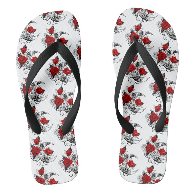 Mechanical Crescent with Red Roses Flip Flops (Footbed)