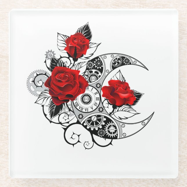 Mechanical Crescent with Red Roses Glass Coaster (Front)