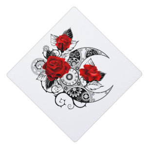 Mechanical Crescent with Red Roses Graduation Cap Topper