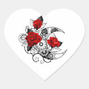 Mechanical Crescent with Red Roses Heart Sticker