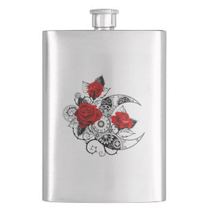 Mechanical Crescent with Red Roses Hip Flask