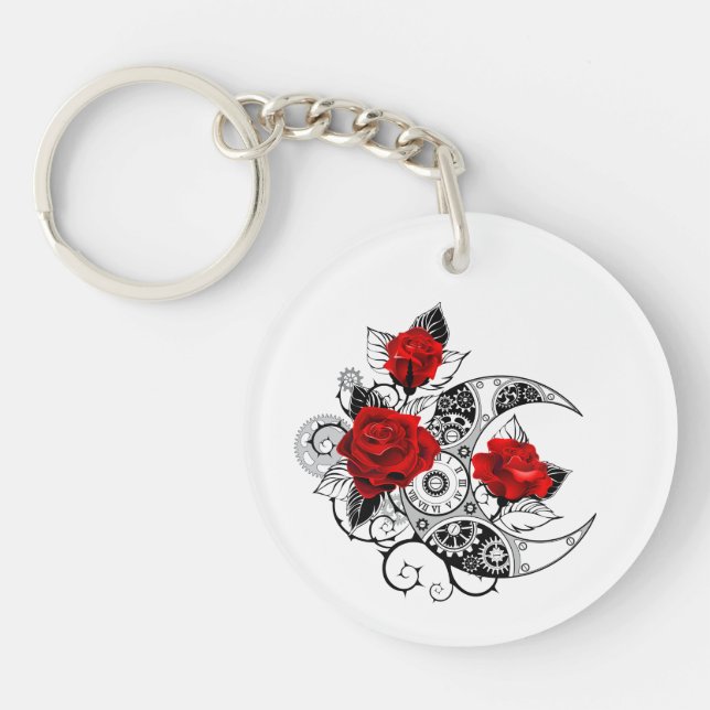 Mechanical Crescent with Red Roses Keychain (Front)