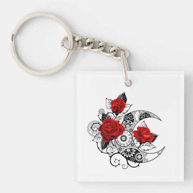 Mechanical Crescent with Red Roses Keychain (Front)
