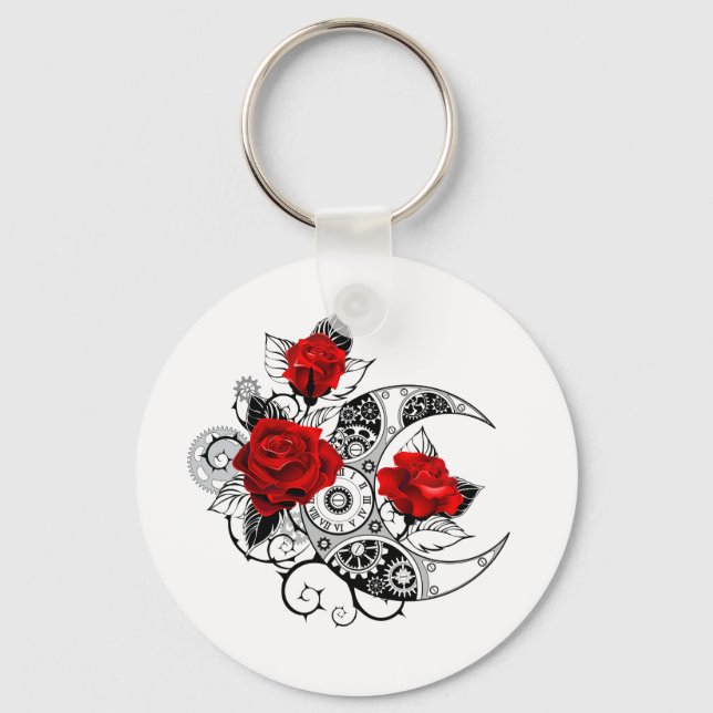 Mechanical Crescent with Red Roses Keychain (Front)