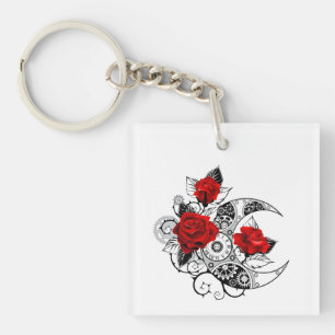 Mechanical Crescent with Red Roses Keychain