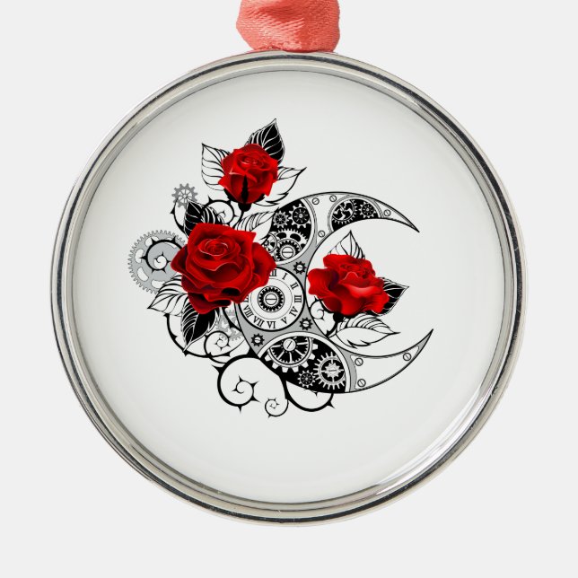 Mechanical Crescent with Red Roses Metal Ornament (Front)