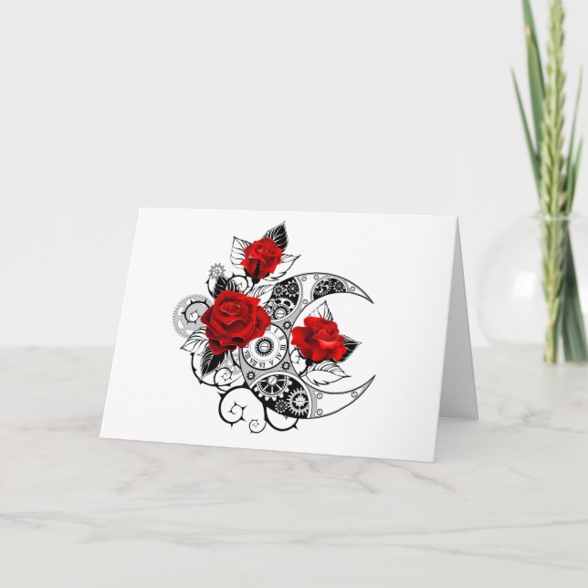 Mechanical Crescent with Red Roses Note Card (Front)