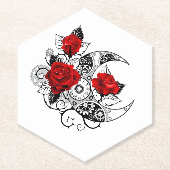 Mechanical Crescent with Red Roses Paper Coaster (Front)