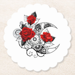 Mechanical Crescent with Red Roses Paper Coaster