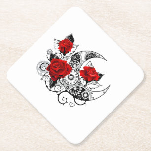 Mechanical Crescent with Red Roses Paper Coaster