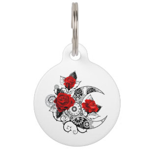 Mechanical Crescent with Red Roses Pet Tag