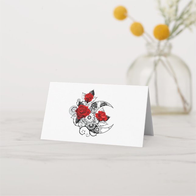 Mechanical Crescent with Red Roses Place Card (Front)