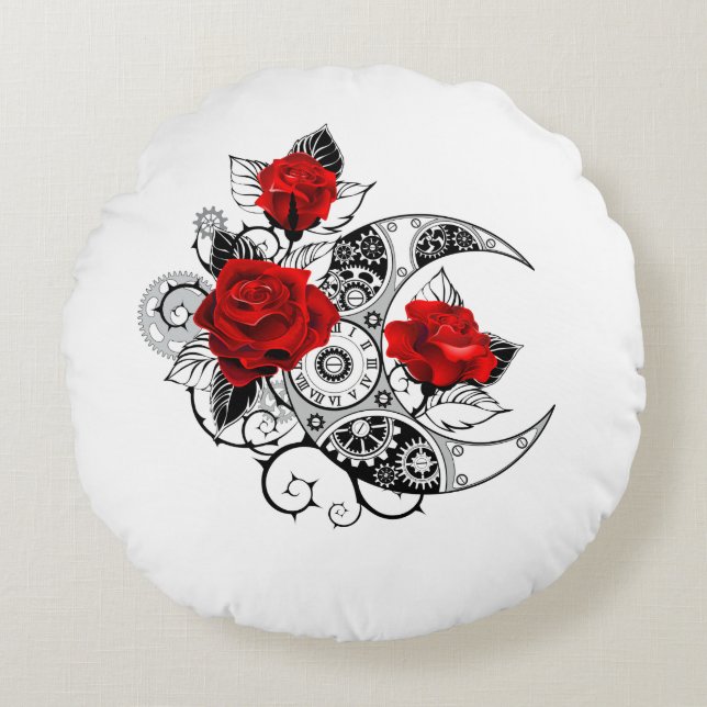 Mechanical Crescent with Red Roses Round Pillow (Front)