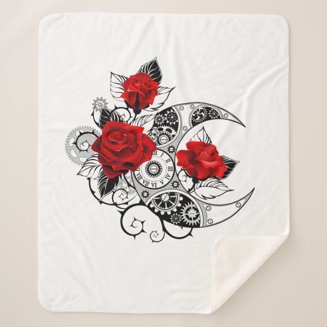 Mechanical Crescent with Red Roses Sherpa Blanket (Front)