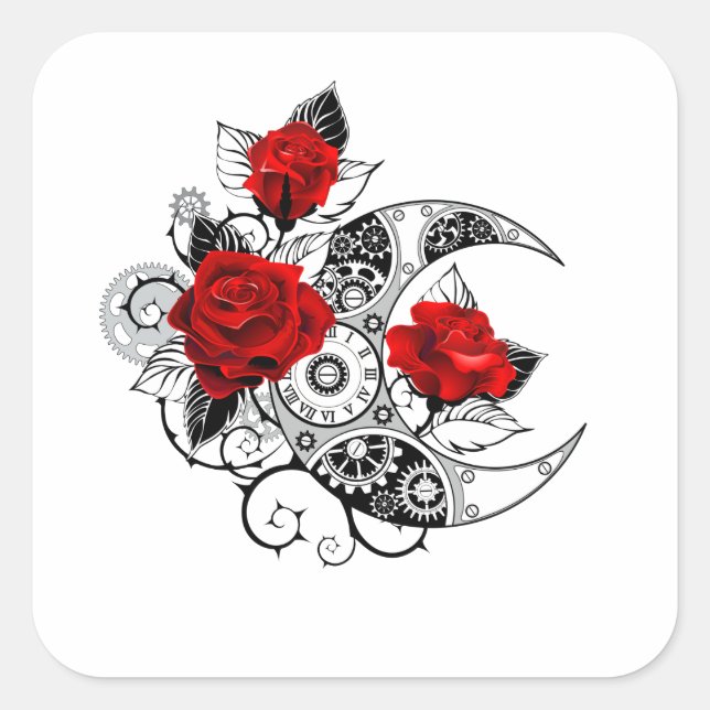 Mechanical Crescent with Red Roses Square Sticker (Front)