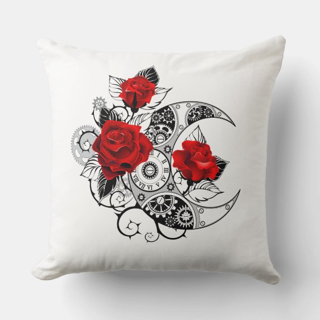 Mechanical Crescent with Red Roses Throw Pillow (Front)