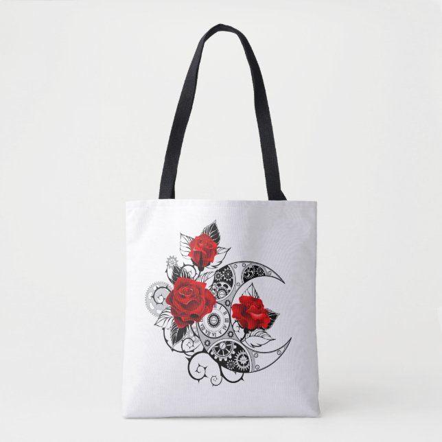 Mechanical Crescent with Red Roses Tote Bag (Front)