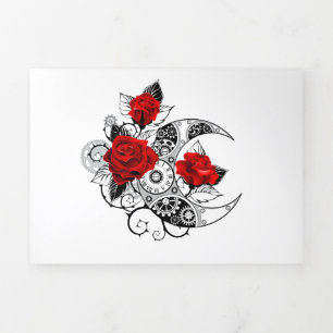 Mechanical Crescent with Red Roses Tri-Fold Holiday Card