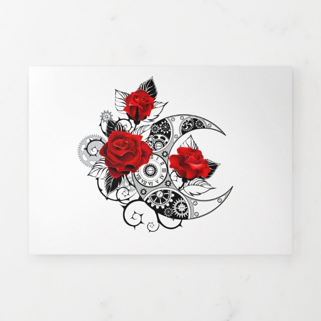 Mechanical Crescent with Red Roses Tri-Fold Holiday Card (Cover)