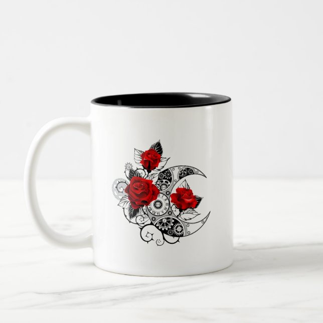 Mechanical Crescent with Red Roses Two-Tone Coffee Mug (Left)