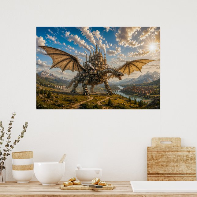 Mechanical Dragon Carrying a Steampunk Castle City Poster (Kitchen)