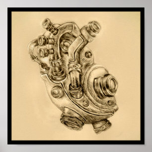Mechanical Drawing of Human Heart Steampunk Print