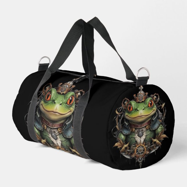 "Mechanical Leap: The Steampunk Green Frog" Duffle Bag (Left Corner)