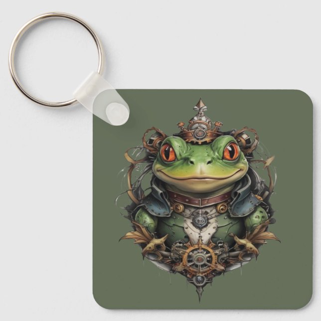 "Mechanical Leap: The Steampunk Green Frog" Keychain (Front)