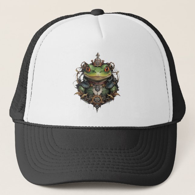 "Mechanical Leap: The Steampunk Green Frog" Trucker Hat (Front)