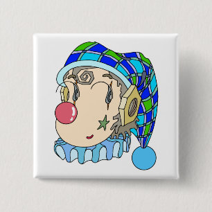 Mechanical "romantic clown" with a lovely smile. 2 inch square button
