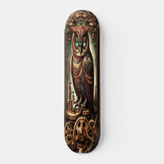 "Mechanical Wisdom: Victorian Steampunk Owl Skateboard (Front)