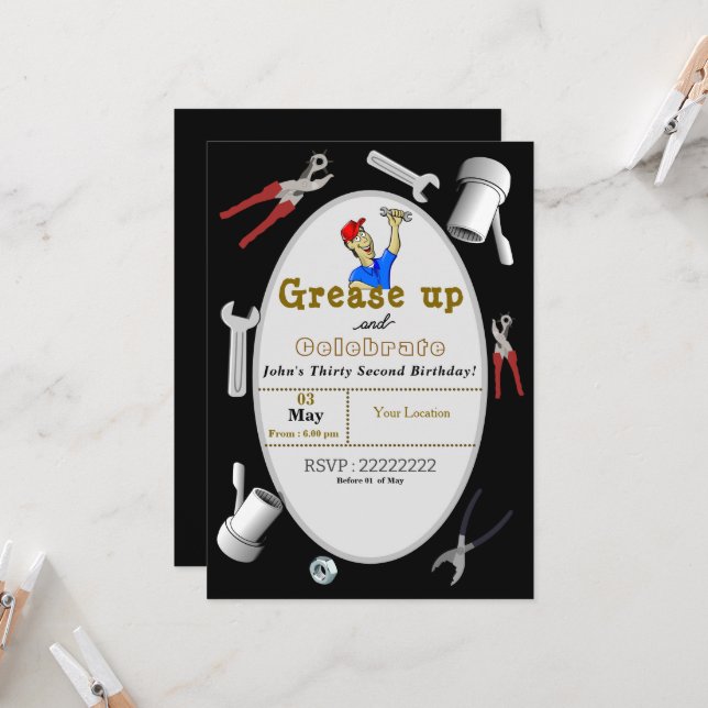 Mechanic's Birthday  Invitation (Front/Back In Situ)