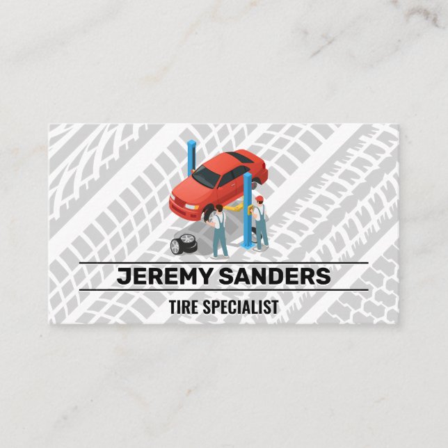 Mechanics Changing Tires | Tire Marks  Business Card (Front)
