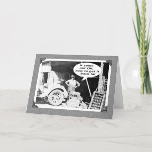 Mechanics workshop , vintage, old car and mechanic card