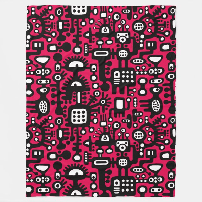 Mechanoid World - Black and White with Crimson Red Fleece Blanket (Front)