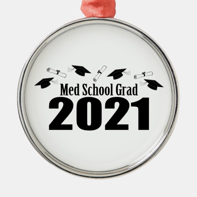 Med School Grad 2021 Caps And Diplomas (Black) Metal Ornament (Front)