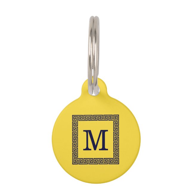 Médaillon Pour Animaux Ananas, Clé grecque bleue marine #1 Monogramme enc (Devant)